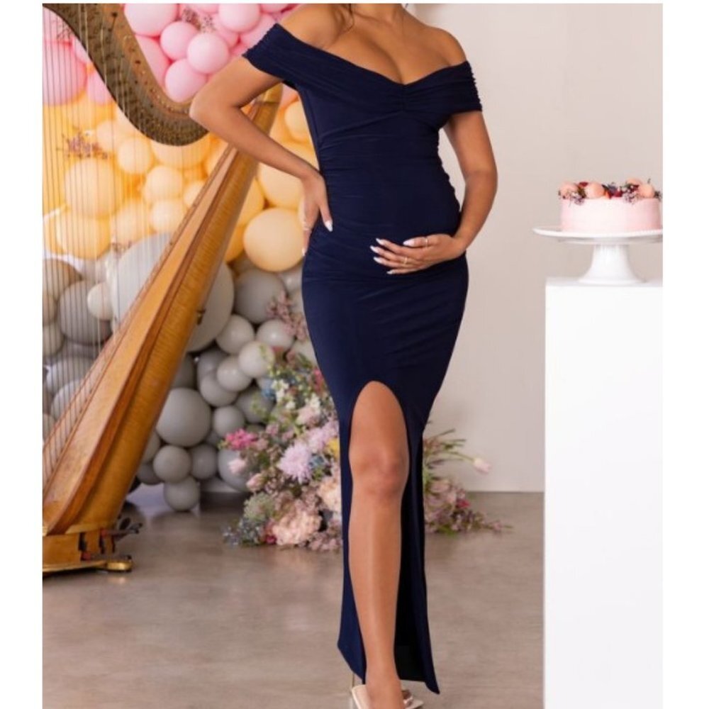 Navy Off-Shoulder Maxi Dress with Front Slit